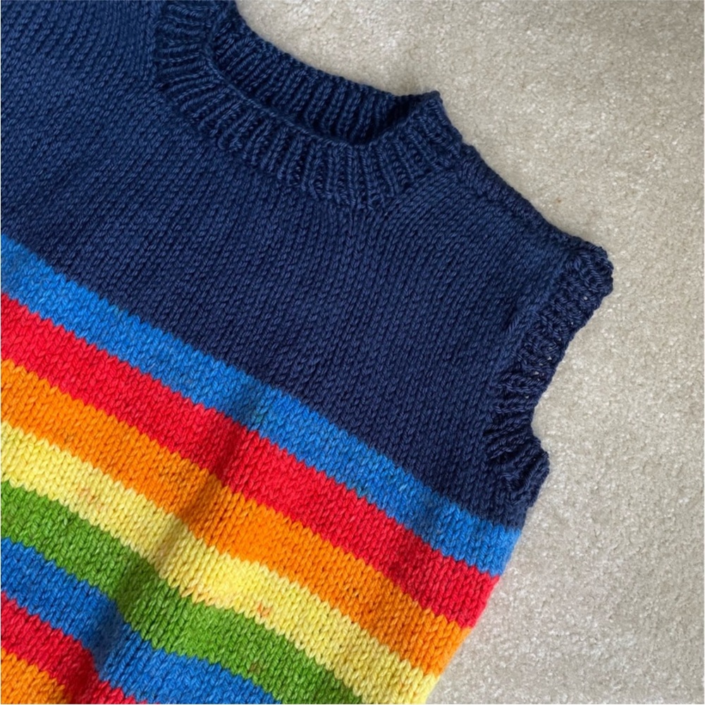 Hand Knit Sweater Vest Large Rainbow Sleeveless Colorful Boxy Teacher Boxy - Picture 5 of 10